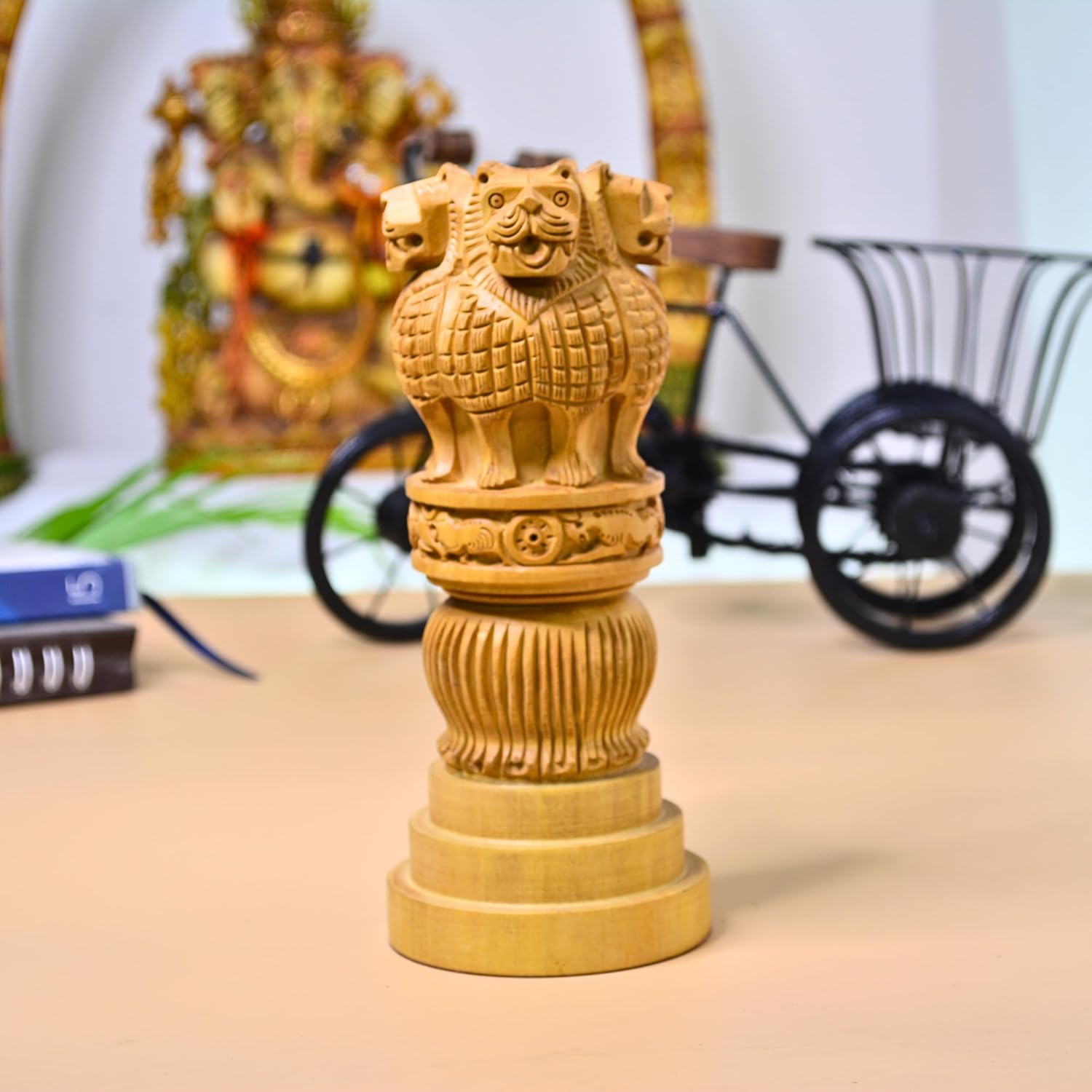 santarms Wooden Ashoka Stambh | Pillar Ideal for Indian Office & Home Decor Showpiece Advocate Accessories Items Gifts Best Gifting Gift Ashok Pillara Stand Car Statue - 6 Inch