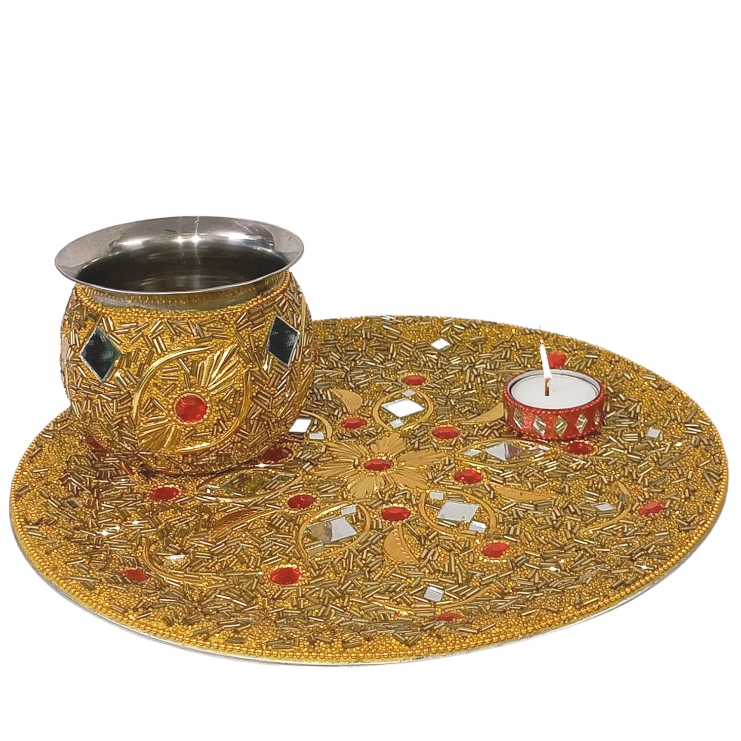 Santarms puja thali Set | Pooja thali Items with Duck Kumkum Box Decorative thali Set Kalash Diwali Decoration Diwali ka Gifts thali Lakshmi Ganesh aarti karwachauth Pooja Gift Items Pooja Articles