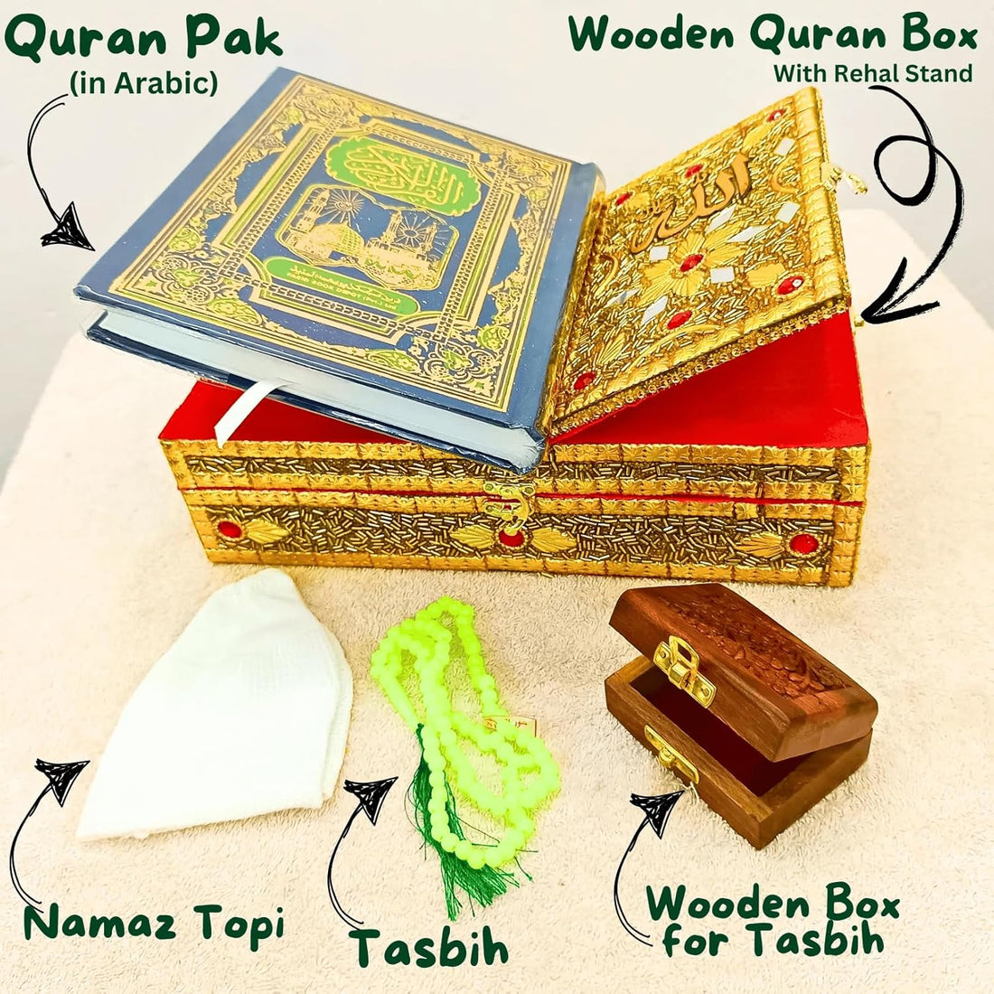 Santarms Wooden Holy Quran Pak Sharif Rehal Book Stand with Box Rihal for Kuran Shrif, Eid Gift, Inlay Work, Free (1 NAMAZ Cap + 1 Tasbih) Combo Pack