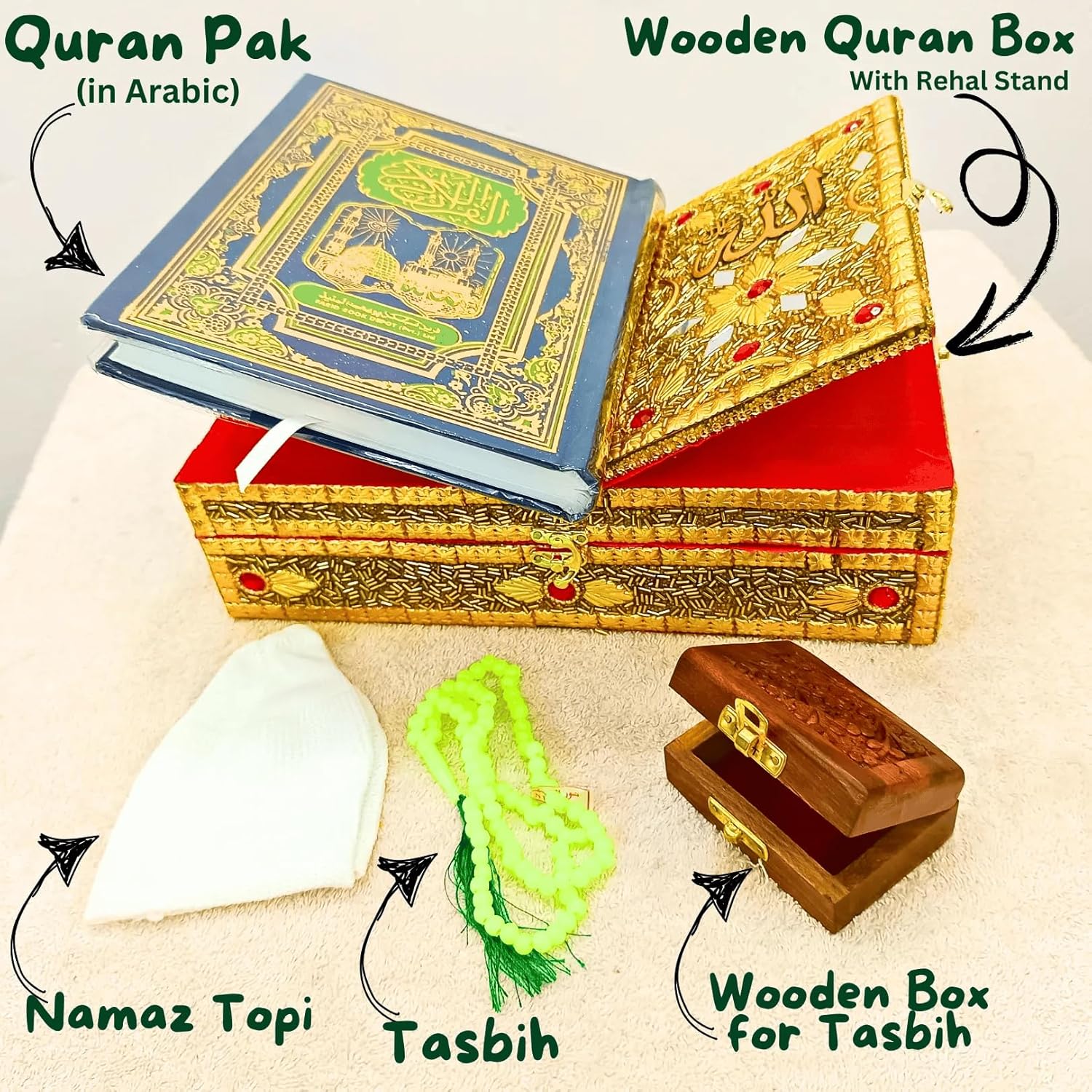 Santarms Wooden Holy Quran Pak Sharif Rehal Book Stand with Box Rihal for Kuran Shrif, Eid Gift, Inlay Work, Free (1 NAMAZ Cap + 1 Tasbih) Combo Pack