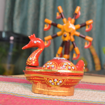 santarms Duck Shape Meenakari Kumkum Box | Tika Chopra with Roli Chawal Tilak Stick | Akshat Haldi Wooden Chopda for Pooja, Gift & Home Décor (Red) PACK OF 1