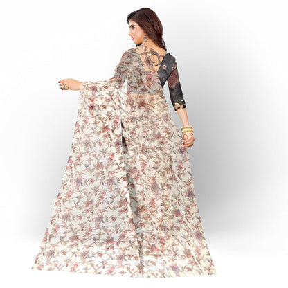 Hira Silk Organza Saree for Women with Unstitched Blouse Piece, Printed Shiny Sari for Woman