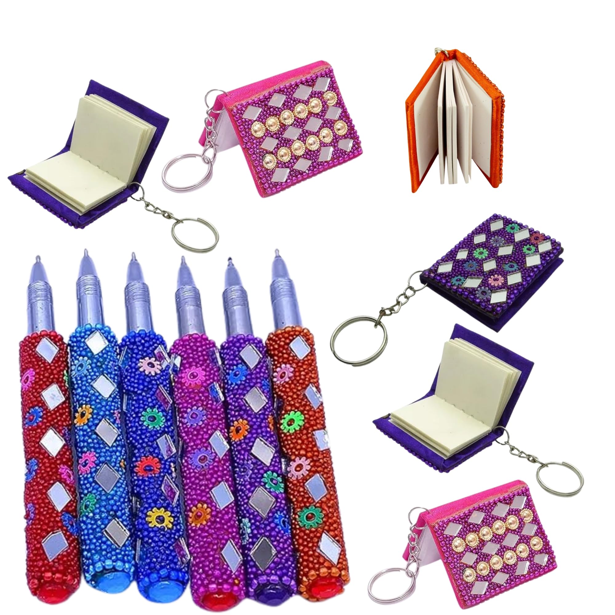 santarms Rajasthani Handmade Mirror Ball Blue Pen for Smooth Writing with Antique Mirror Diary Keychain