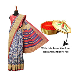 Hira Silk South Cotton Saree with Unstitched Blouse, Kumkum Box and Sindur for Women
