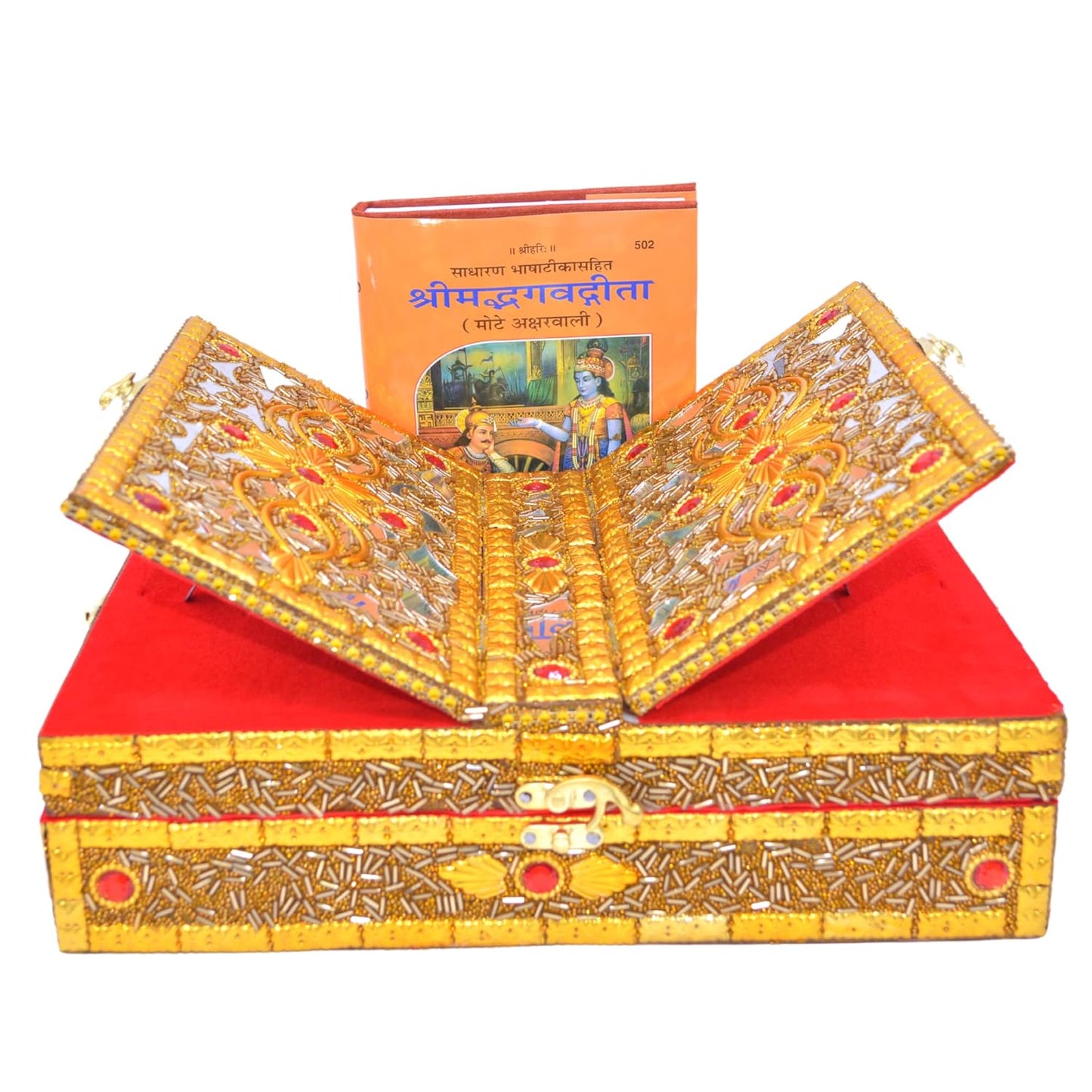 Santarms Handmade Wooden Geeta Box for Reading - Geeta Stand Fordable bhagwat Geeta Stand Box | Book Stand Pooja Bhagwat Ramayan Holder Gita Ramayanam Book with Stand Box bhagwat Geeta Box