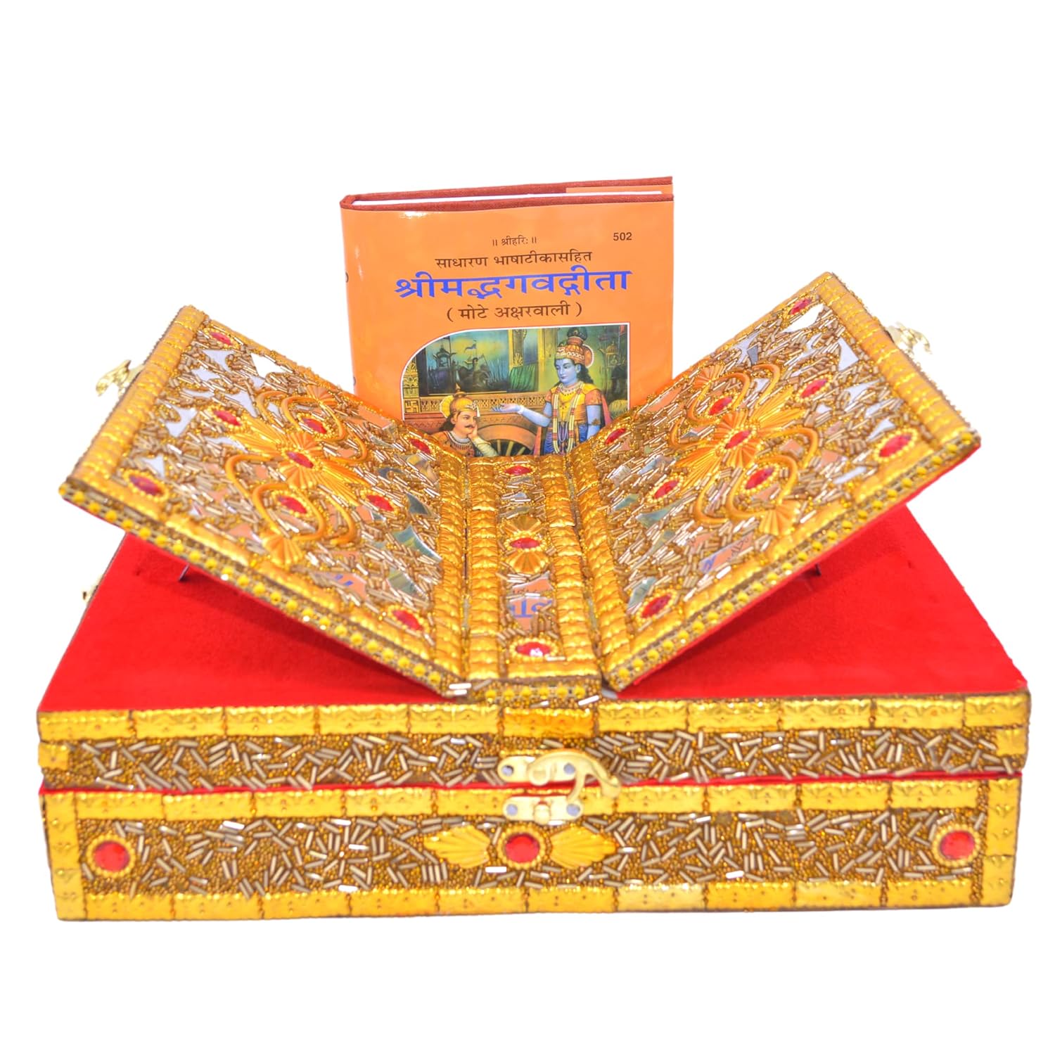 Santarms Handmade Wooden Geeta Box for Reading - Geeta Stand Fordable bhagwat Geeta Stand Box | Book Stand Pooja Bhagwat Ramayan Holder Gita Ramayanam Book with Stand Box bhagwat Geeta Box