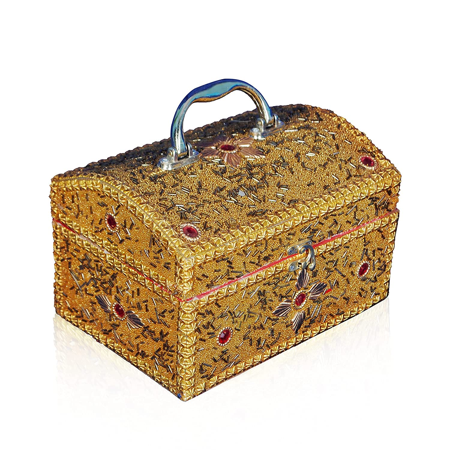 Santarms Wooden and Golden Handcrafted Rajwada Jewellery and Storage Box With Lock System for Makeup and Vanity - Singardani for Women (Golden)
