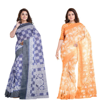 Hira Silk Cotton and Silk Saree with Unstitched Blouse Piece for Women - Pack of 2