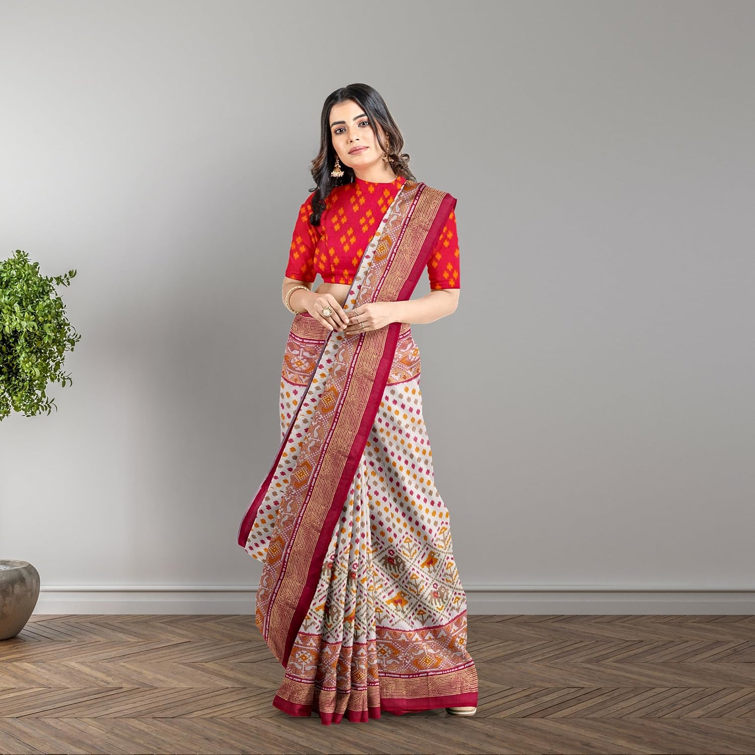 Hira Silk South Cotton Saree with Unstitched Blouse, Kumkum Box and Sindoor for Women