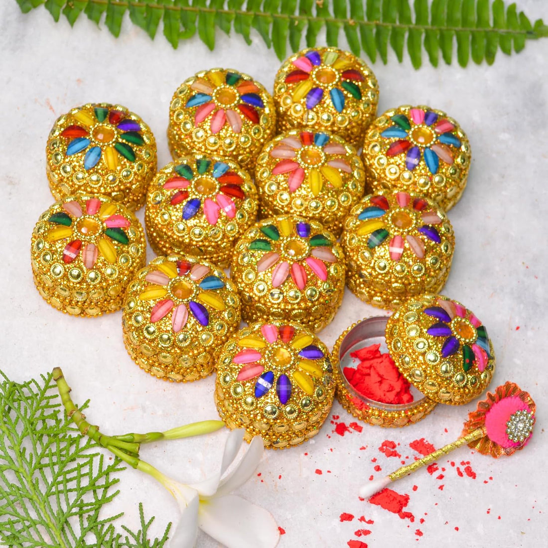 santarms Kumkum Box Handcrafted or Sindoor Box for Married Women Shadi ka Gifts - Pack of 12 Pieces, Traditional Indian Wedding Gifts for Bridal Rituals and Festive Celebrations