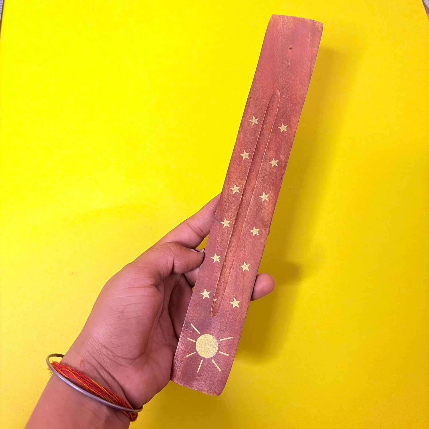Santarms Handmade Wooden Incense Stick Holder – Agarbatti Stand Ash Catcher with Floral Design for Home Office Temple Decoration Meditation Yoga - 10 * 1.5 inch