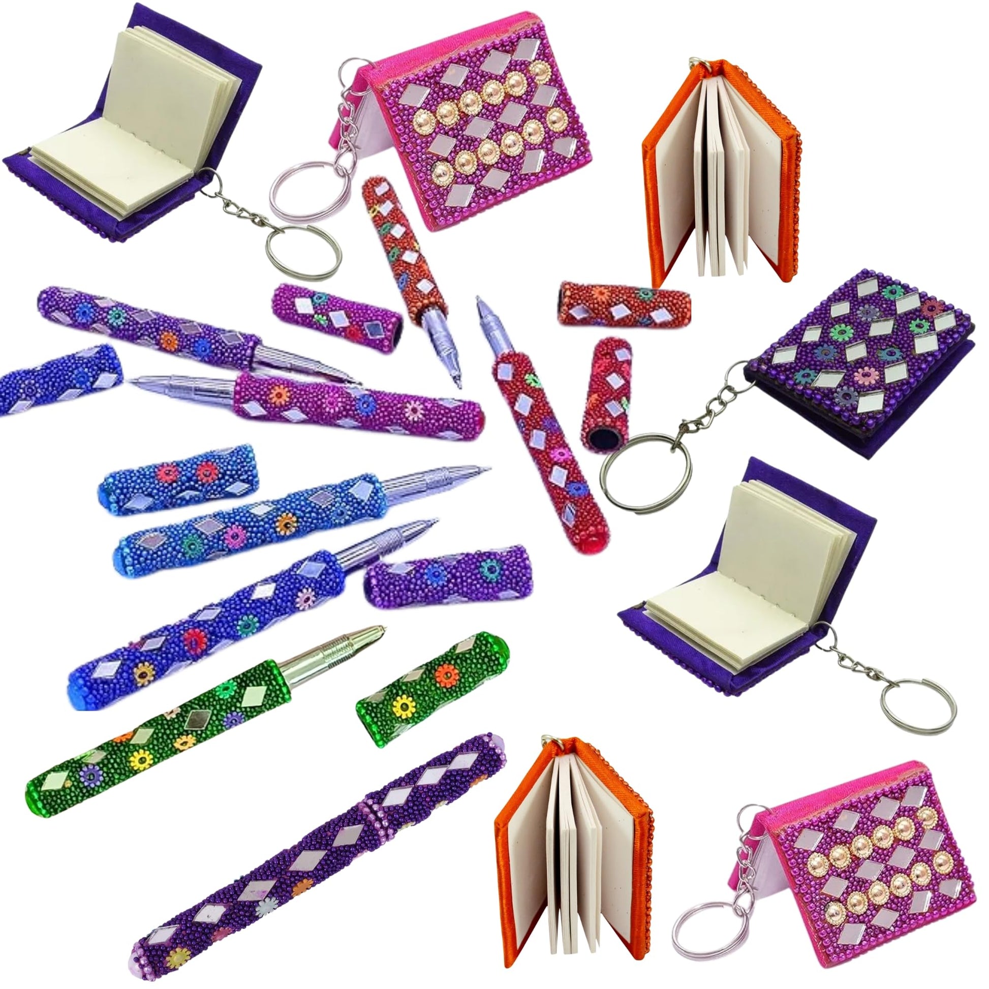 santarms Rajasthani Handmade Mirror Ball Blue Pen for Smooth Writing with Antique Mirror Diary Keychain