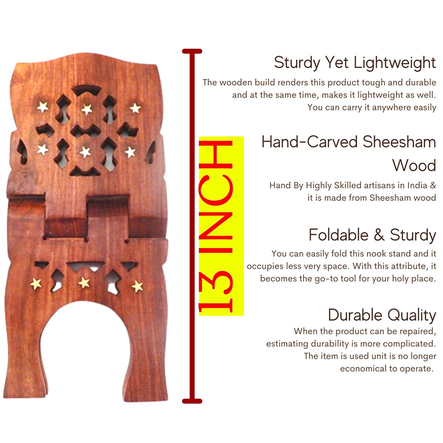 Santarms Holy Rehal for Quran Wooden Sharif - Strong Built Quality, Rihal Book Stand with Brass Inlay Work, Islamic Religious Product, 13 Inch, Ideal for Quran, Bible, Ramayan, and Geeta Pack of 1