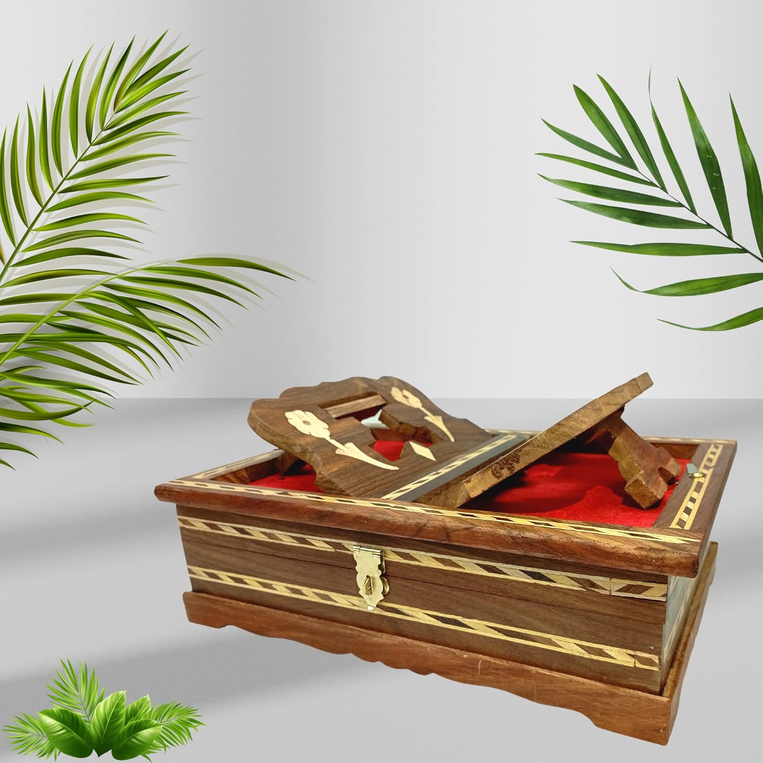 Santarms Wooden Holy Quran Box with rehal for Holy Quran Pak Book Stand - Quran Sharif Box with rihal