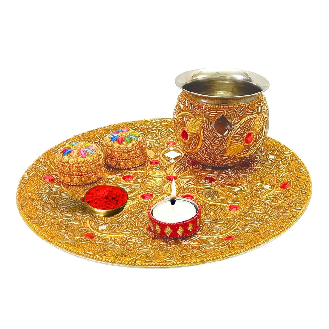 Santarms Karva Chauth Thaali Set Elegant Beaded Thali Combo with Kalash Chalni Diya Singhora Sindoor Box Includes 10 Grams of Red Sindoor Traditional and Decorative for Celebrating