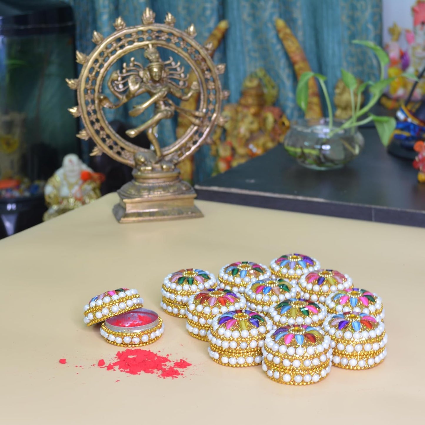 santarms Handmade Jaipuri Kumkum Box for Sindoor, Sindur Dani Moti Dibbi/Dabbi, Kumkum Small Storage Box with Sindor and Stick - Pack of 12