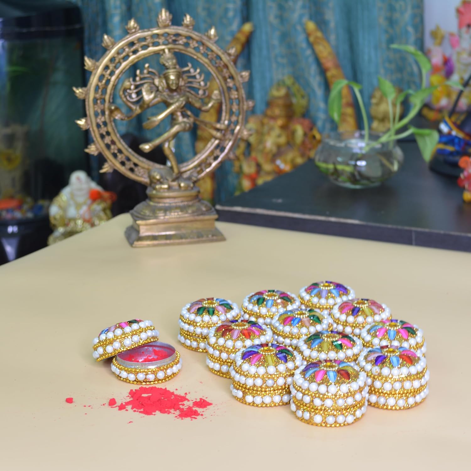 santarms Handmade Jaipuri Kumkum Box for Sindoor, Sindur Dani Moti Dibbi/Dabbi, Kumkum Small Storage Box with Sindor and Stick - Pack of 12
