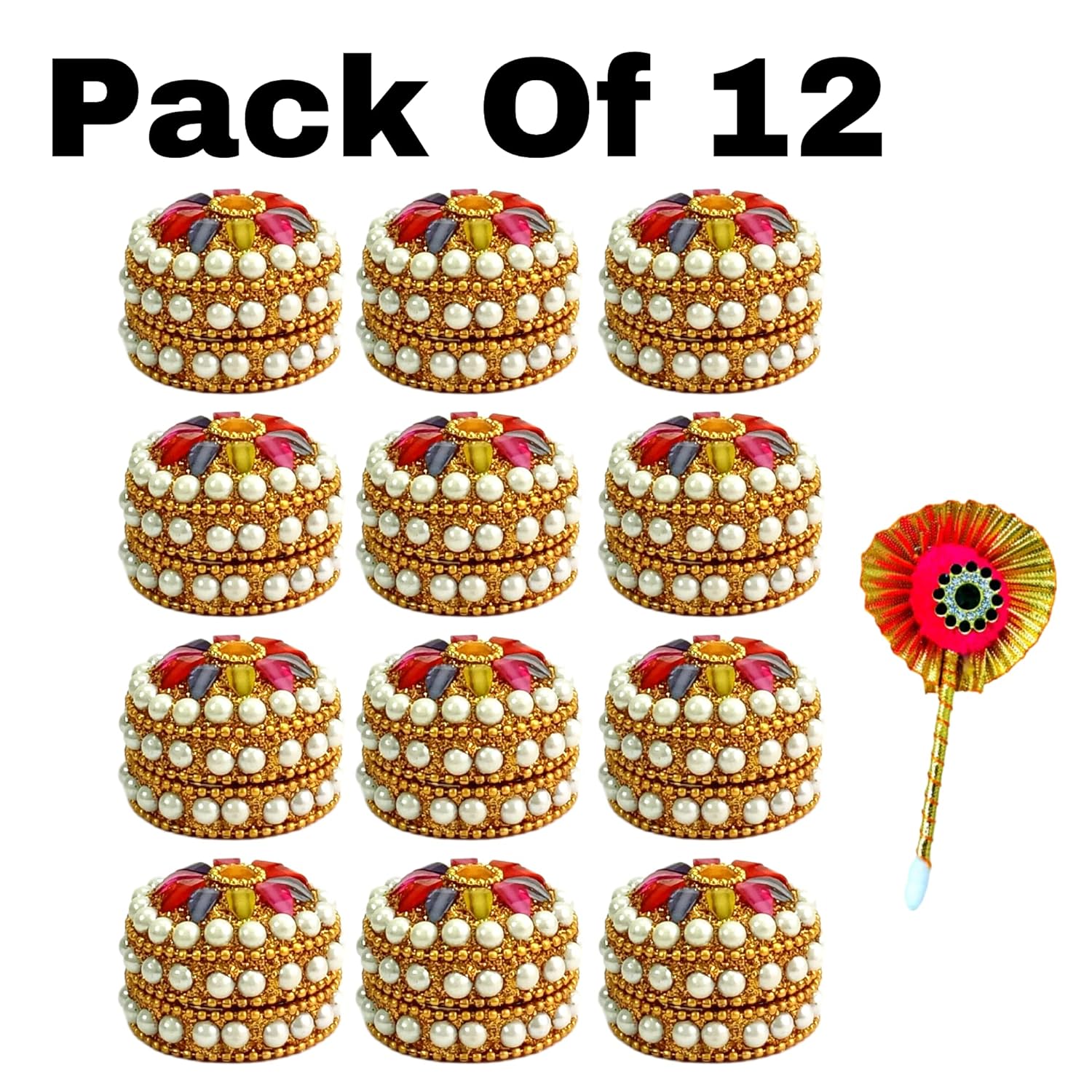 kumkum Box with Tilak Stick - sindoor refillable for Married Women Shadi ka Gift puja Aluminum Round sindur shringar dani dabbi Beautiful Handcrafted Gifting moti dibbi | Fancy Decoration (Set of 12)