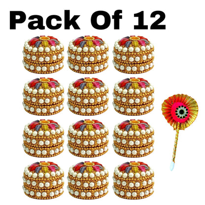 kumkum Box with Tilak Stick - sindoor refillable for Married Women Shadi ka Gift puja Aluminum Round sindur shringar dani dabbi Beautiful Handcrafted Gifting moti dibbi | Fancy Decoration (Set of 12)