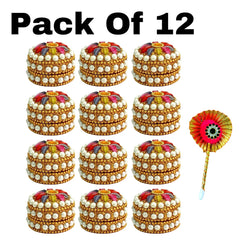kumkum Box with Tilak Stick - sindoor refillable for Married Women Shadi ka Gift puja Aluminum Round sindur shringar dani dabbi Beautiful Handcrafted Gifting moti dibbi | Fancy Decoration (Set of 12)