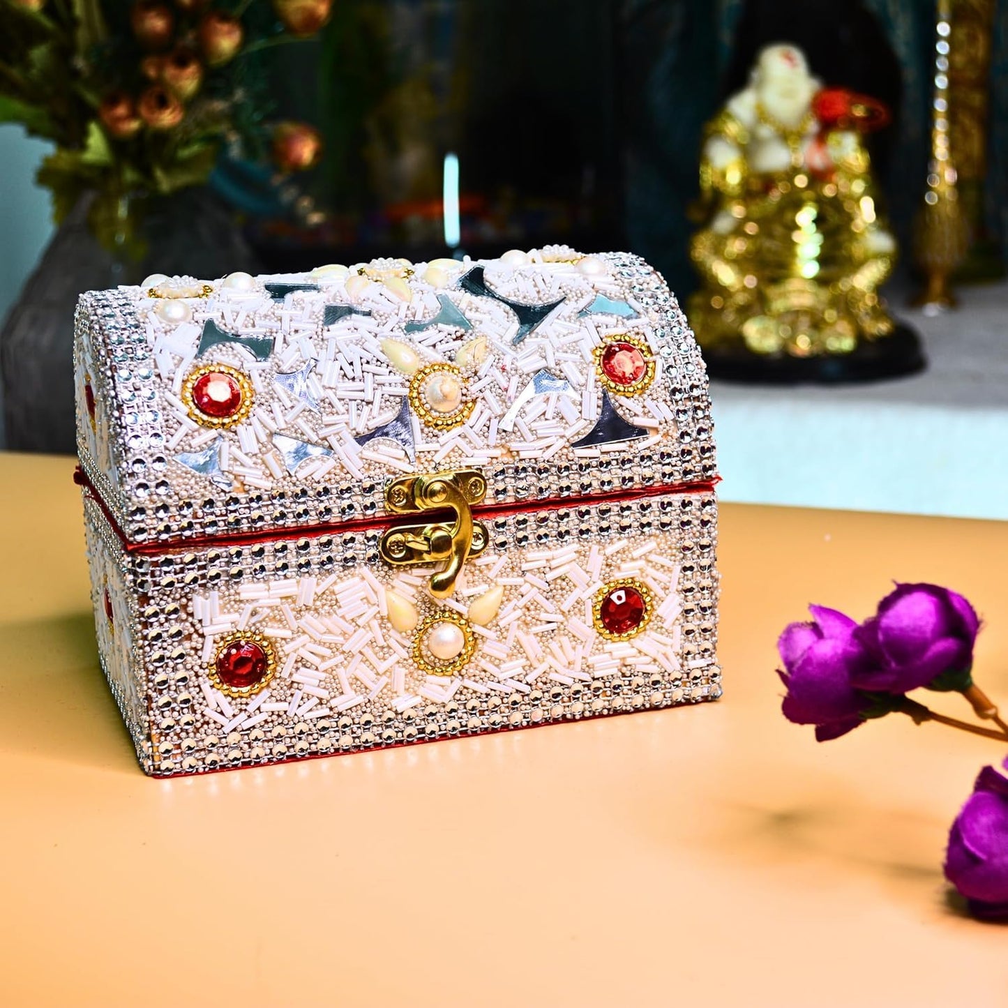 santarms Beads Work Jewellery Craft Box (White) | 10 cm Handmade Wooden Jewelry Box with Lock | Shringar Box for Brides | Wedding Gift for Married Women