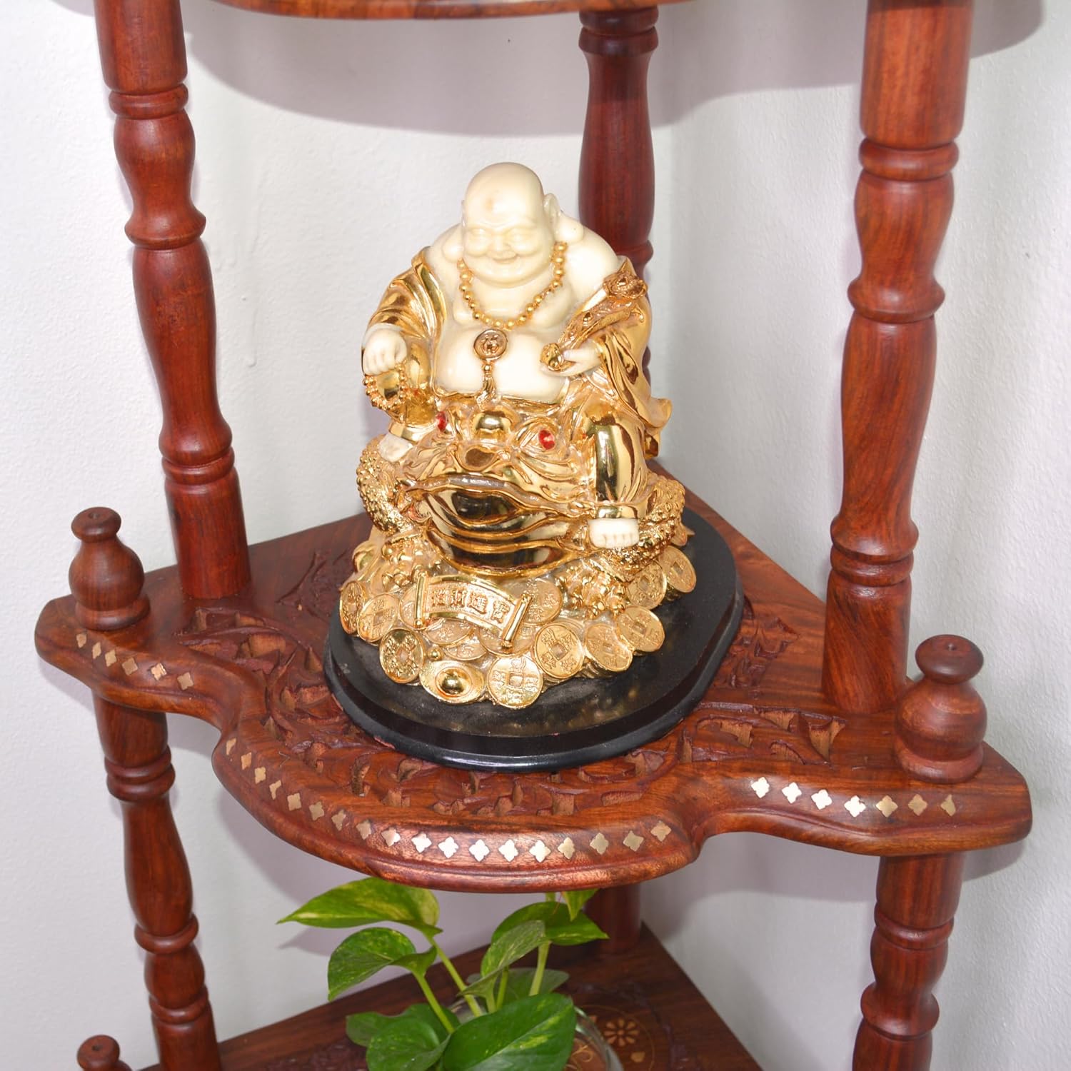 santarms Corner Shelf 4 Rack Wooden Brass Work Wall Shelves - Organize and Decorate Your Living Room, Kitchen, Bedroom, and Pooja Room