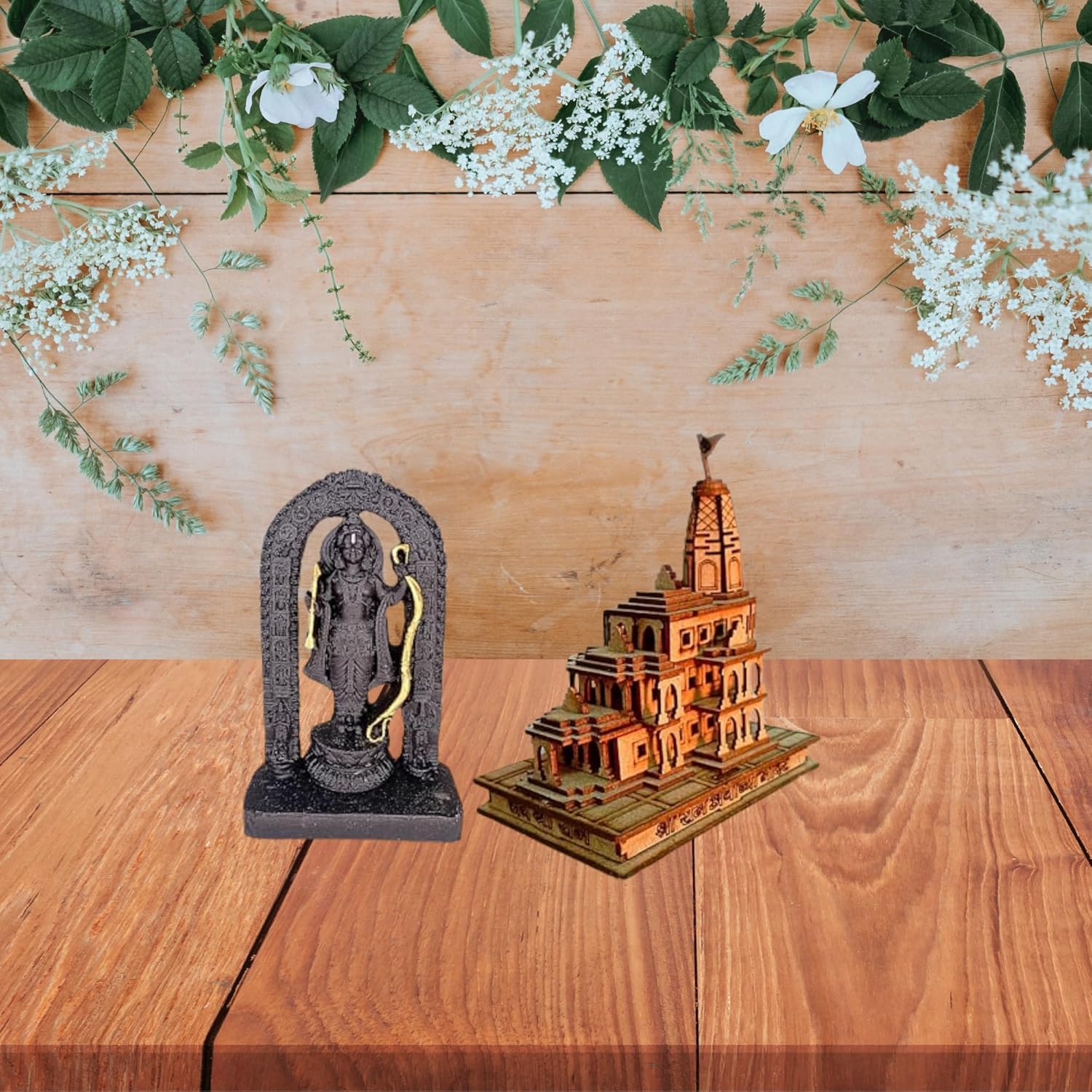 santarms Ayodhya Ram Mandir Model with Ram Lall Idol Wood Mandir Religious of Shree Ram Janambhumi Design Decorative Wooden Temple for Home, Office Décor Gift Item