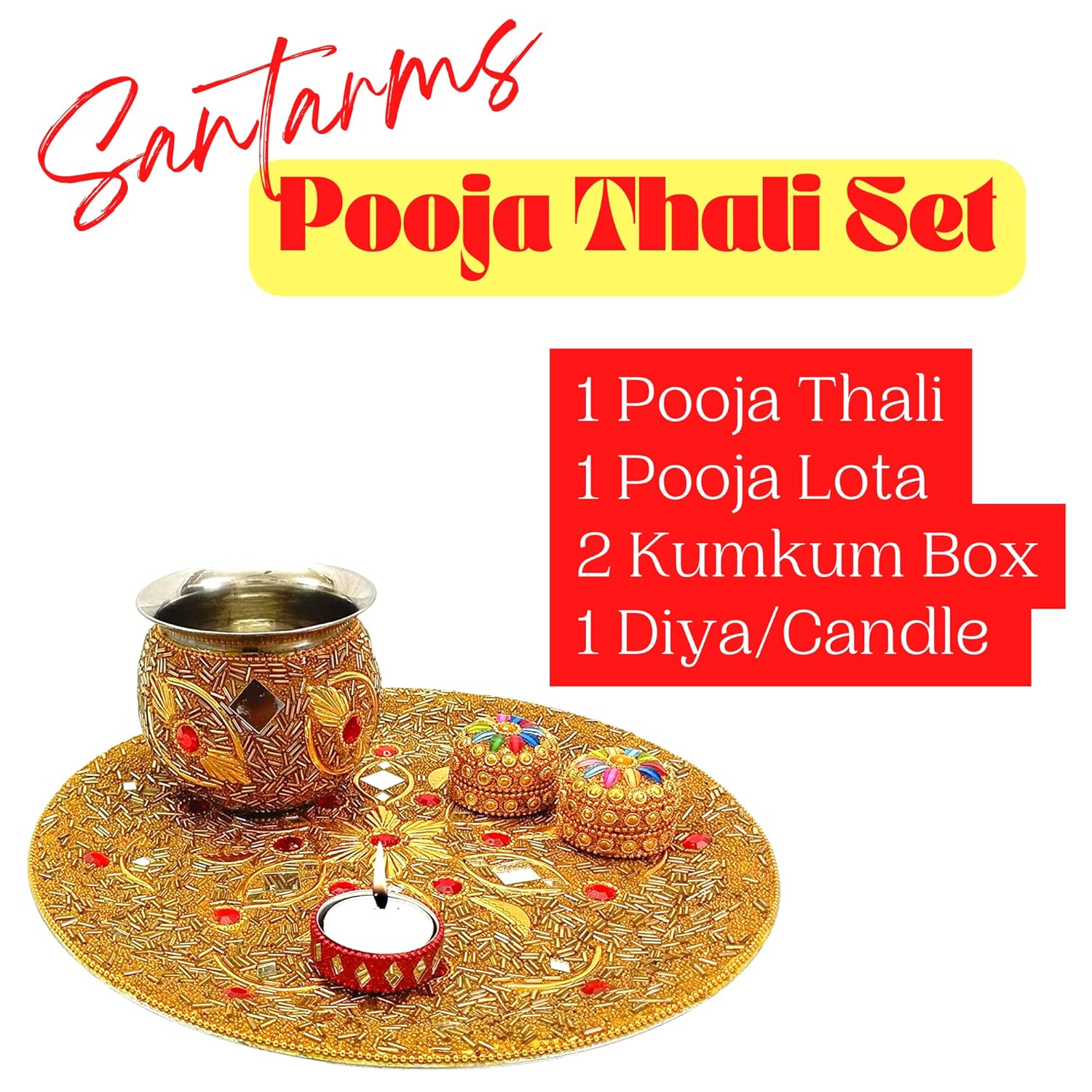 Santarms Pooja Thali with Kalash, Kumkum Boxes and Diya for Pooja Decoration