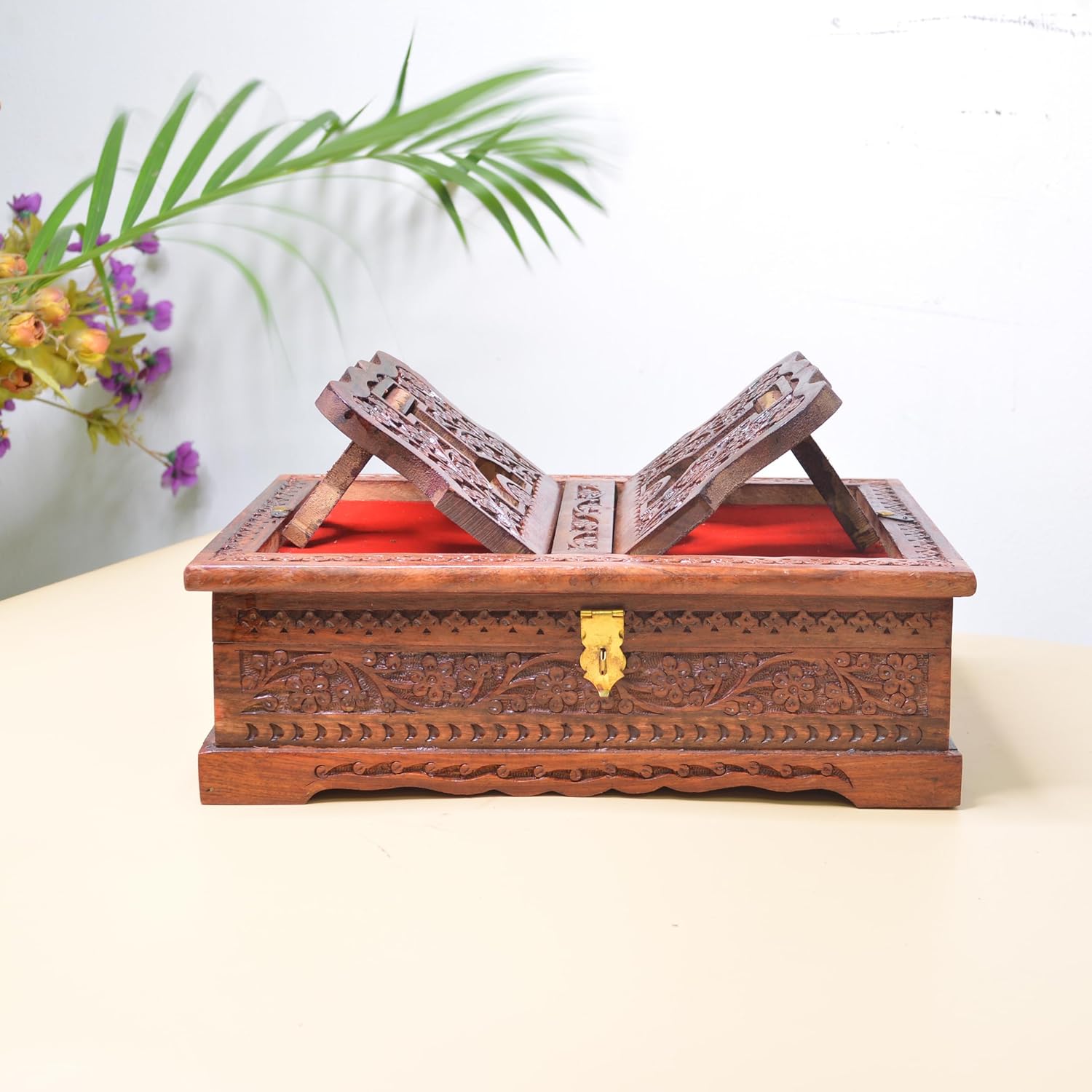 Santarms Wooden Decor Holy Book Stand Box for Reading Quran, Geeta, Guru Granth Sahib, Bible | Book Box with Intricate Carving - Ideal for Diwali Gift