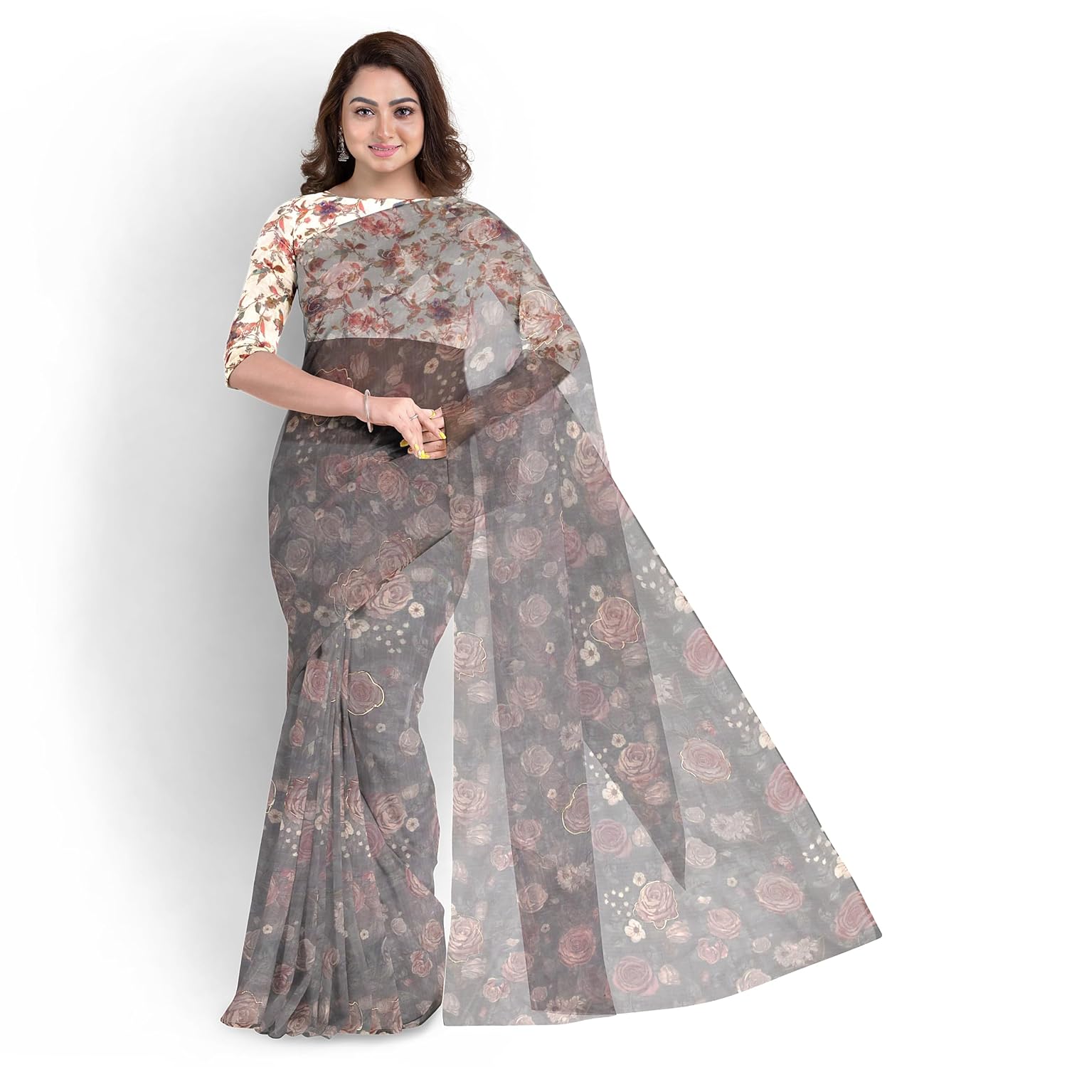 Hira Silk Organza Saree for Women, Printed Sari with Unstitched Blouse Piece for Woman