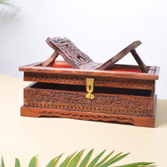 Santarms Wooden Decor Holy Book Stand Box for Reading Quran, Geeta, Guru Granth Sahib, Bible | Book Box with Intricate Carving - Ideal for Diwali Gift