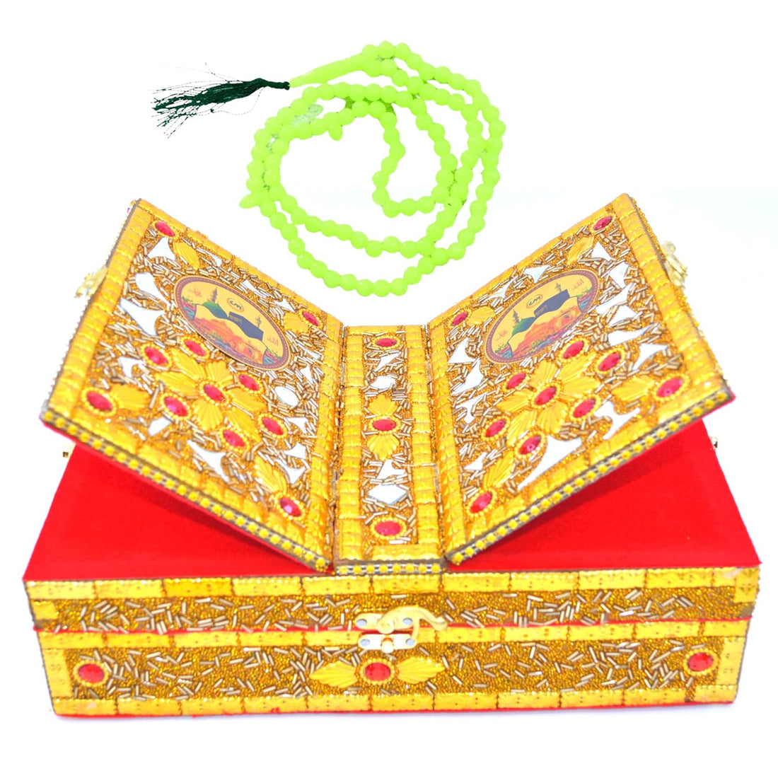 Santarms Handmade Quran Box with Tasbih for Muslim Fordable Wooden Rehal Holy Books Stand | Book Reading Rihal Best Gift - Bride Or Bridal Tazbi Sharif Tasbeeh (Beads Craft Work 13 * 4 Inch)