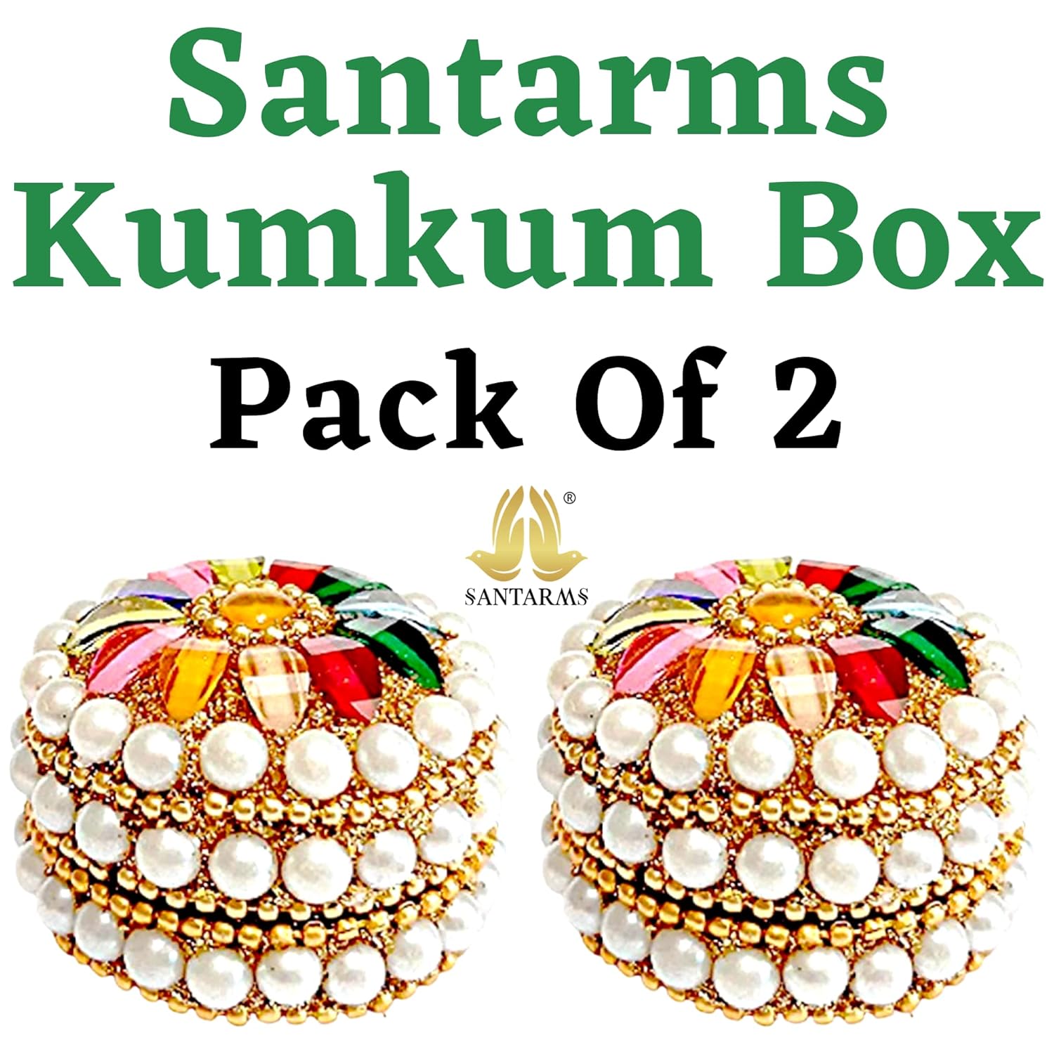 santarms golden small kum-kum box handcraft sindoor refillable for married women shadi ka gift puja round kumkum sindur shringar dani dabbi gifting moti dibbi fancy decoration (set of 2)