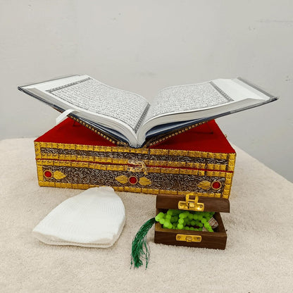 Santarms Wooden Holy Quran Pak Sharif Rehal Book Stand with Box Rihal for Kuran Shrif, Eid Gift, Inlay Work, Free (1 NAMAZ Cap + 1 Tasbih) Combo Pack