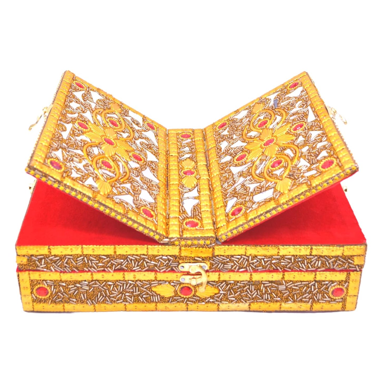 Santarms Handmade Wooden Geeta Box with Foldable Stand, Universal Book Holder for Bhagwat Geeta, Ramayan, and Pooja Path, Decorative Golden Wood Book Stand Box for Home Temple
