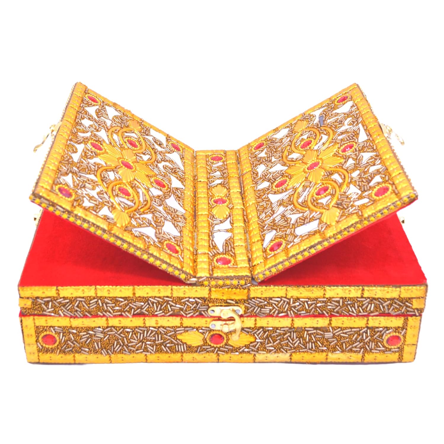 Santarms Handmade Wooden Geeta Box with Foldable Stand, Universal Book Holder for Bhagwat Geeta, Ramayan, and Pooja Path, Decorative Golden Wood Book Stand Box for Home Temple