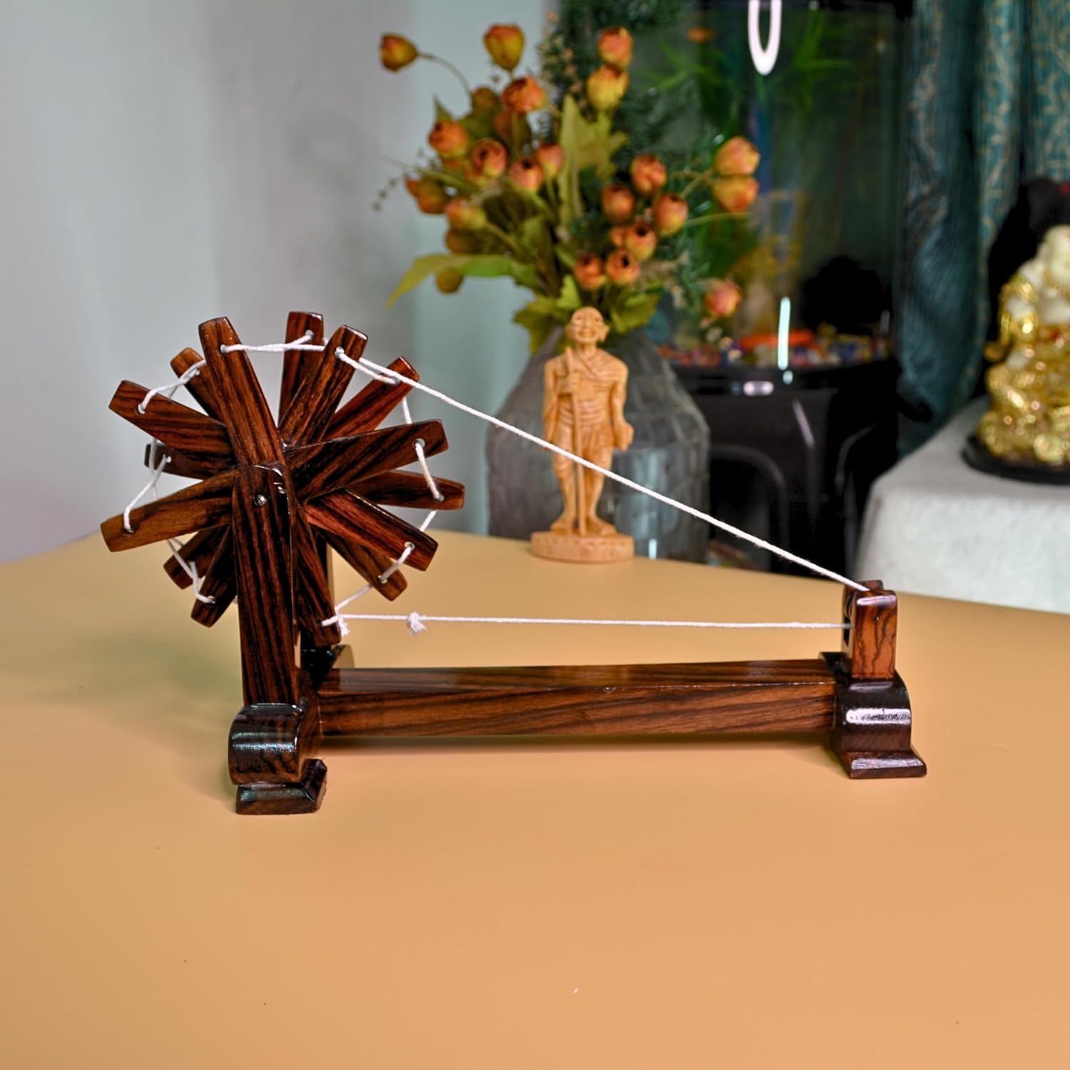 santarms Rosewood Gandhiji Charkha - Wooden Handmade Khadi Charkha, Pack of 1, Home Decor, 8 inch
