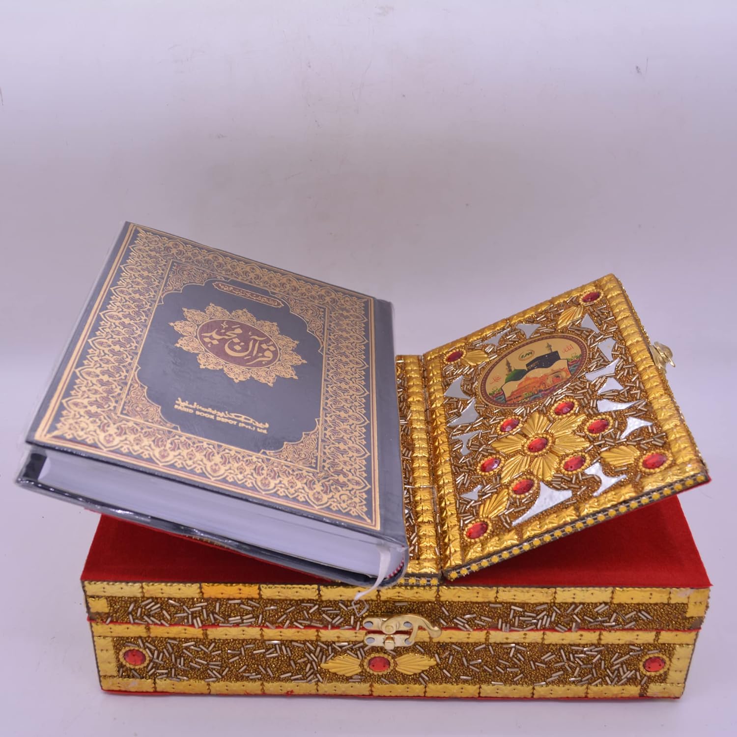 santarms Wooden Quran Box with holy Quran Book rehal Books Stand fordable | rihal for Book Reading | Gift eid Ramadan Kareem (Golden)