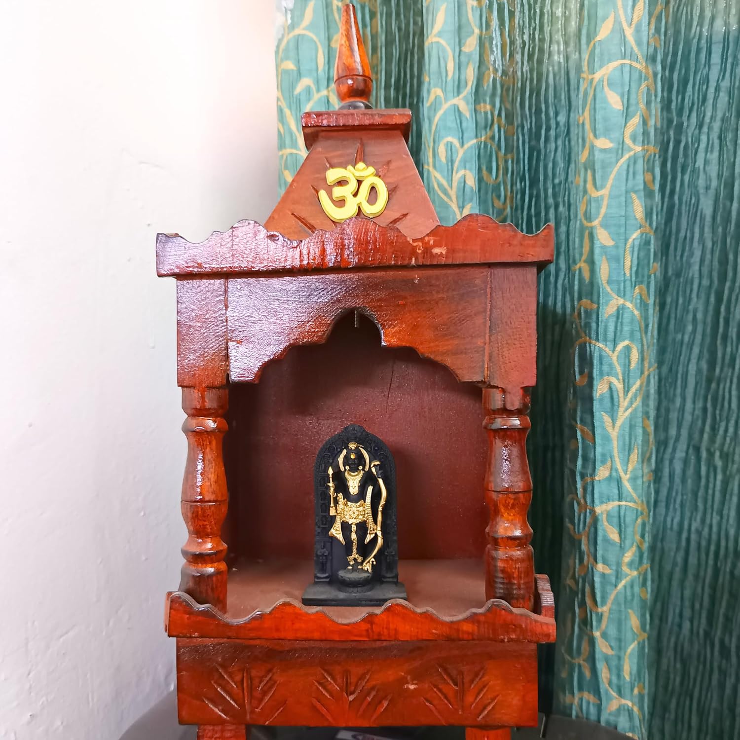 santarms Small Wooden Mandir for Home Temple with Marble Ayodhya Ram Lalla Model Idol Home, Wall Mounted Hanging Light Weight, Hindu Deity Statue, Combo Offer