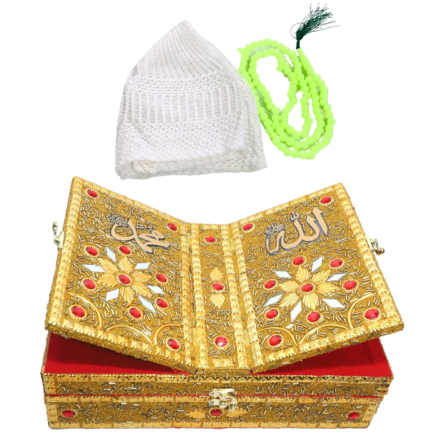 santarms Handmade Foldable Wooden Quran Sharif Box with Rehal | Holy Quran Book Stand | Includes Islamic Prayer Cap (Namaz Topi) and Tasbeeh Chanting Prayer Counter | Ideal Eid Gift | 1 Piece
