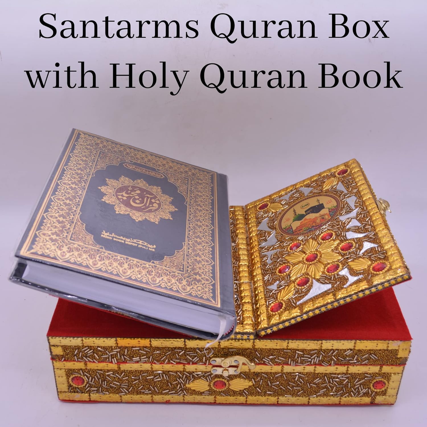 santarms Wooden Quran Box with holy Quran Book rehal Books Stand fordable | rihal for Book Reading | Gift eid Ramadan Kareem (Golden)
