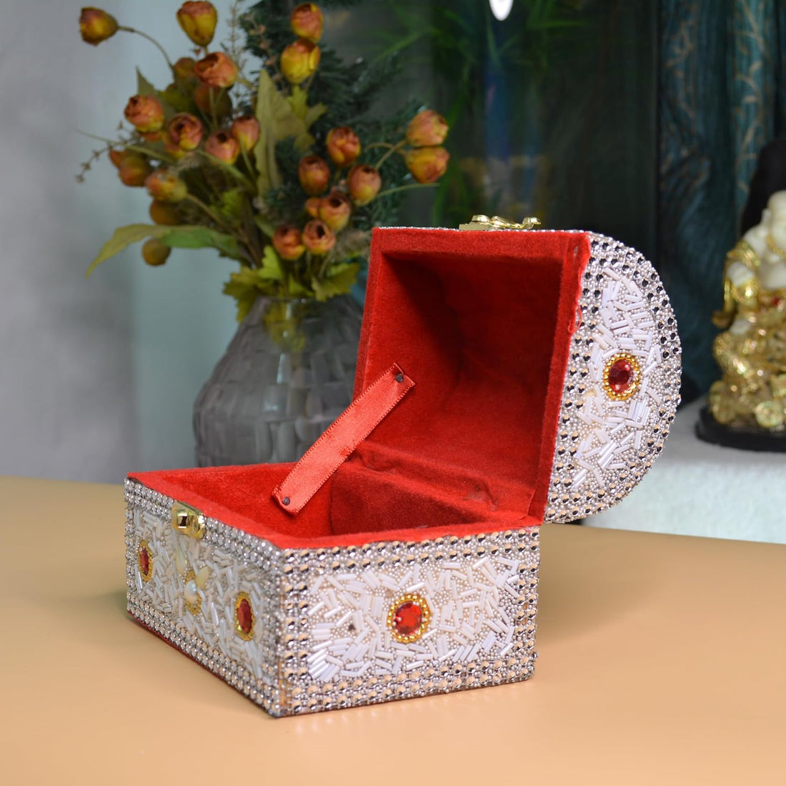 santarms Wooden Jewellery Box with Lock, White Vanity with Beads Work Craft, Handmade Shringar Box for Women, Wedding, Dulhan, Valentine Gift, Makeup Storage Box - Pack of 1