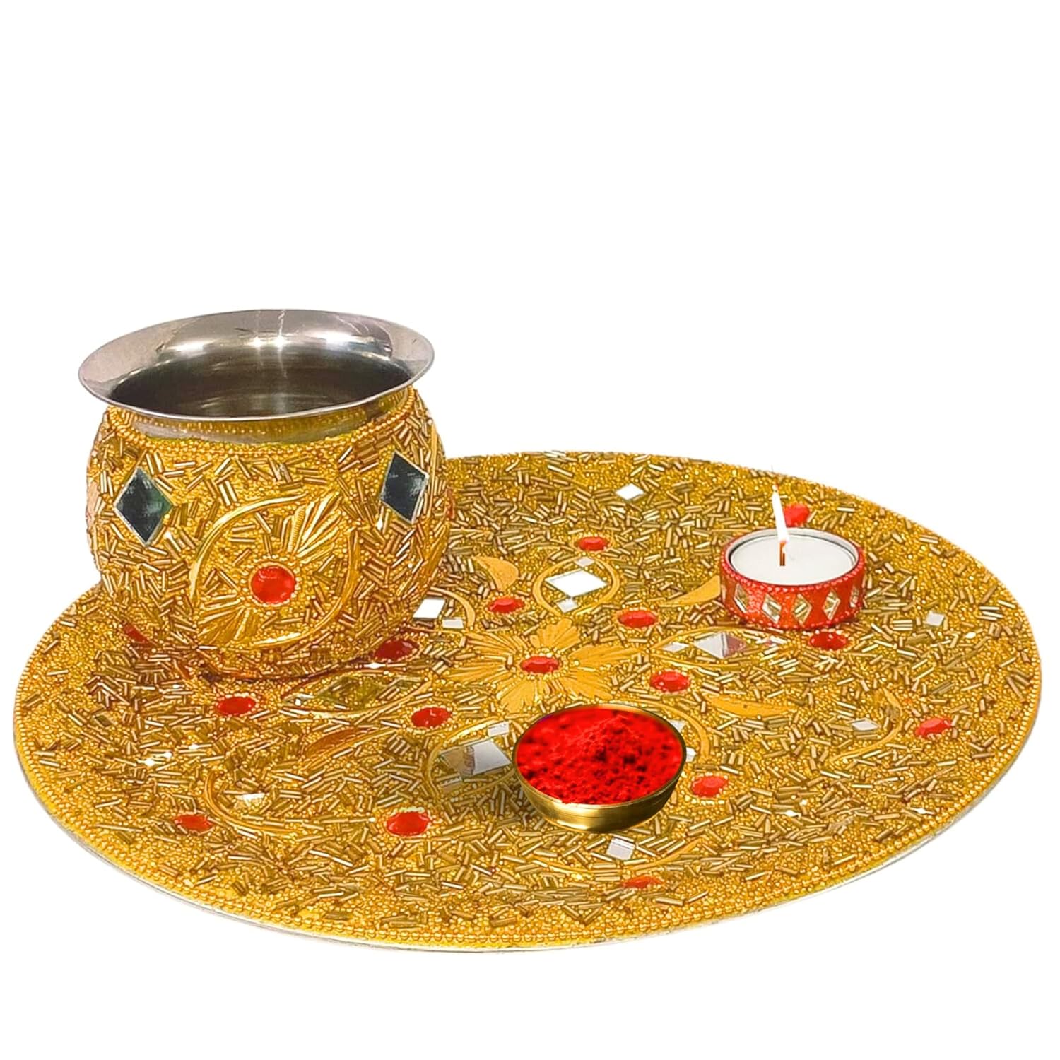Santarms Karva Chauth Thaali Set Elegant Beaded Thali Combo with Kalash Chalni Diya Singhora Sindoor Box Includes 10 Grams of Red Sindoor Traditional and Decorative for Celebrating