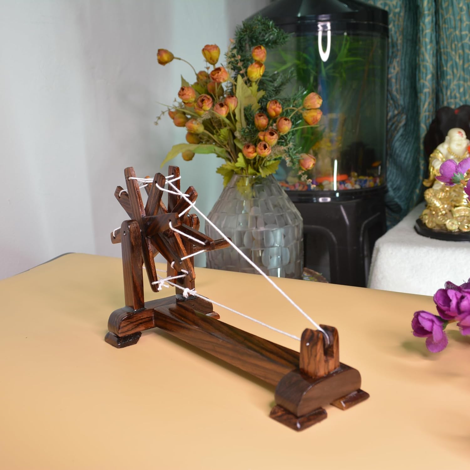 santarms Rosewood Gandhiji Charkha - Wooden Handmade Khadi Charkha, Pack of 1, Home Decor, 8 inch