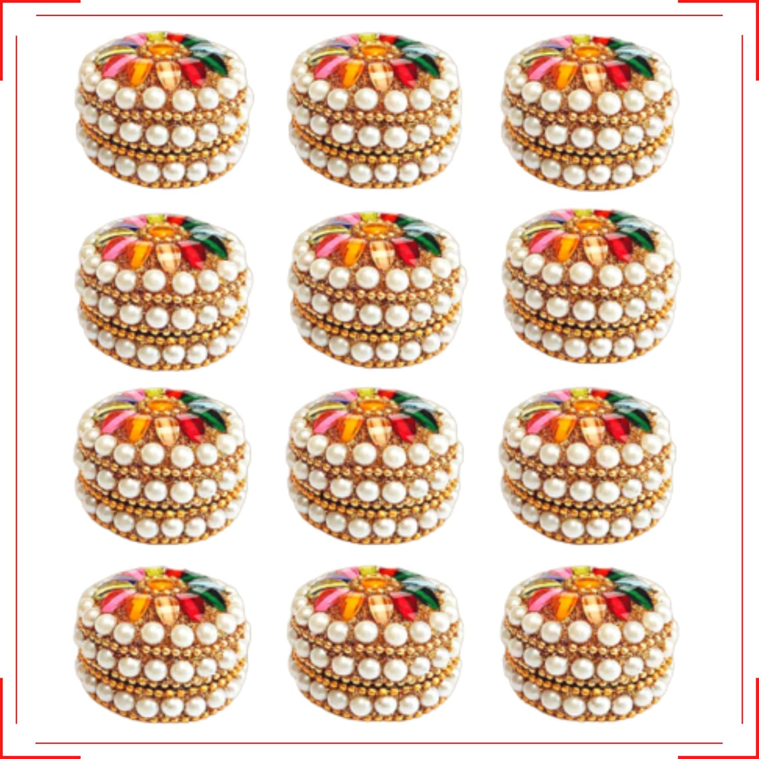 santarms Handmade Jaipuri Kumkum Box for Sindoor, Sindur Dani Moti Dibbi/Dabbi, Kumkum Small Storage Box with Sindor and Stick - Pack of 12