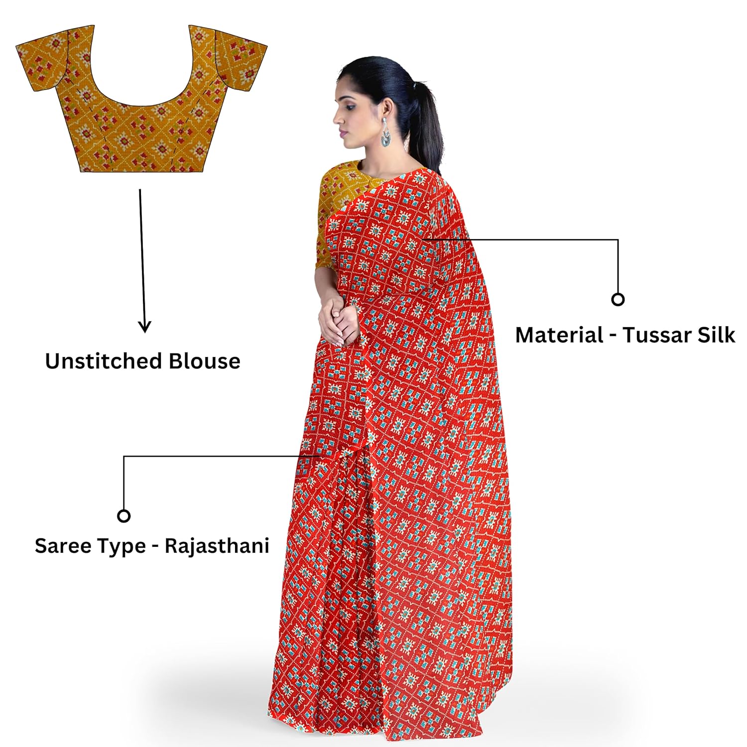 Hira Silk Printed Saree for Women, Tussar Silk Saree/Sari with Unstitched Blouse Piece, Kumkum Box and Red Sindoor