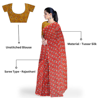 Hira Silk Printed Saree for Women, Tussar Silk Saree/Sari with Unstitched Blouse Piece, Kumkum Box and Red Sindoor