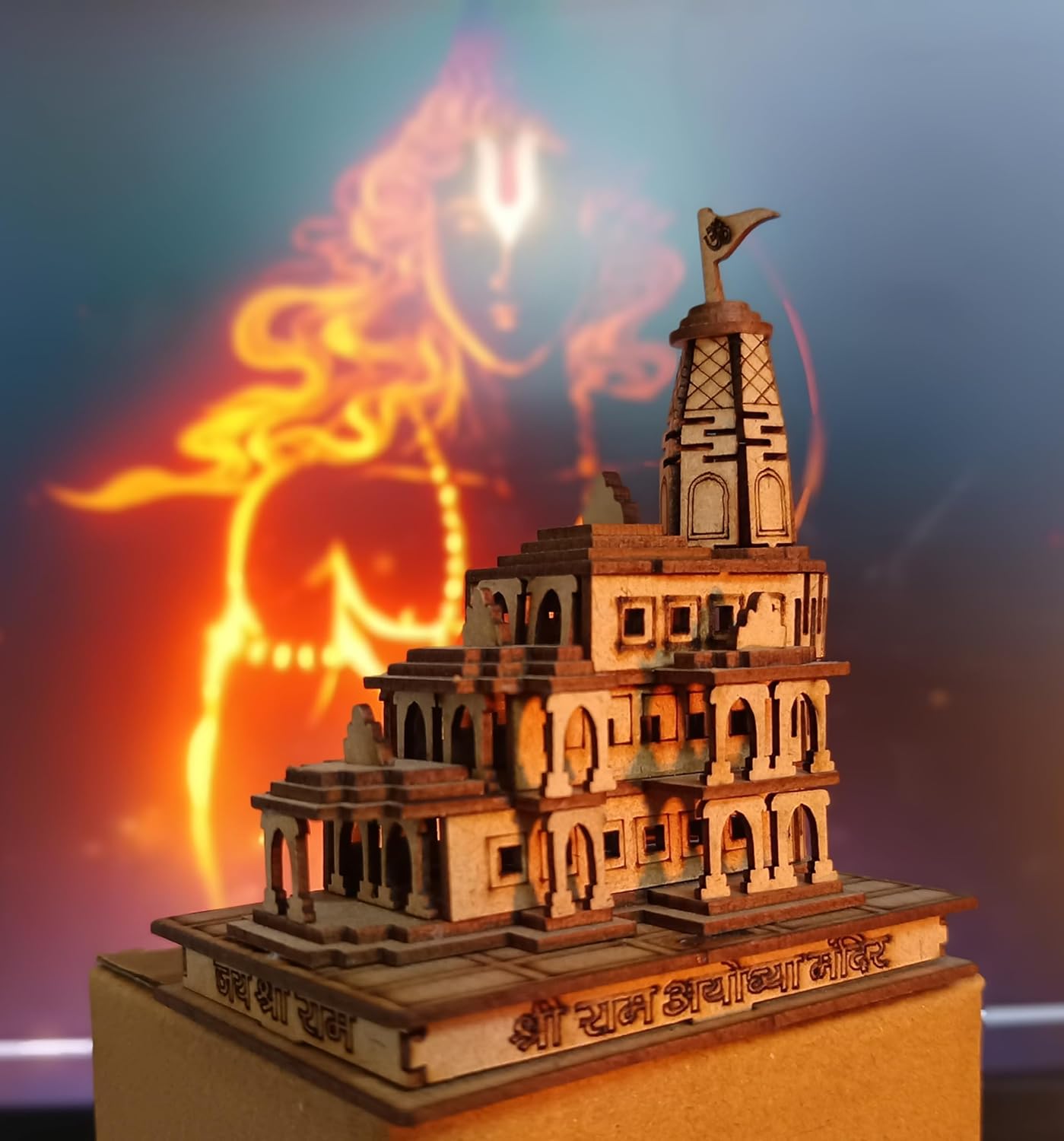 santarms Ayodhya Ram Mandir Model with Ram Lall Idol Wood Mandir Religious of Shree Ram Janambhumi Design Decorative Wooden Temple for Home, Office Décor Gift Item