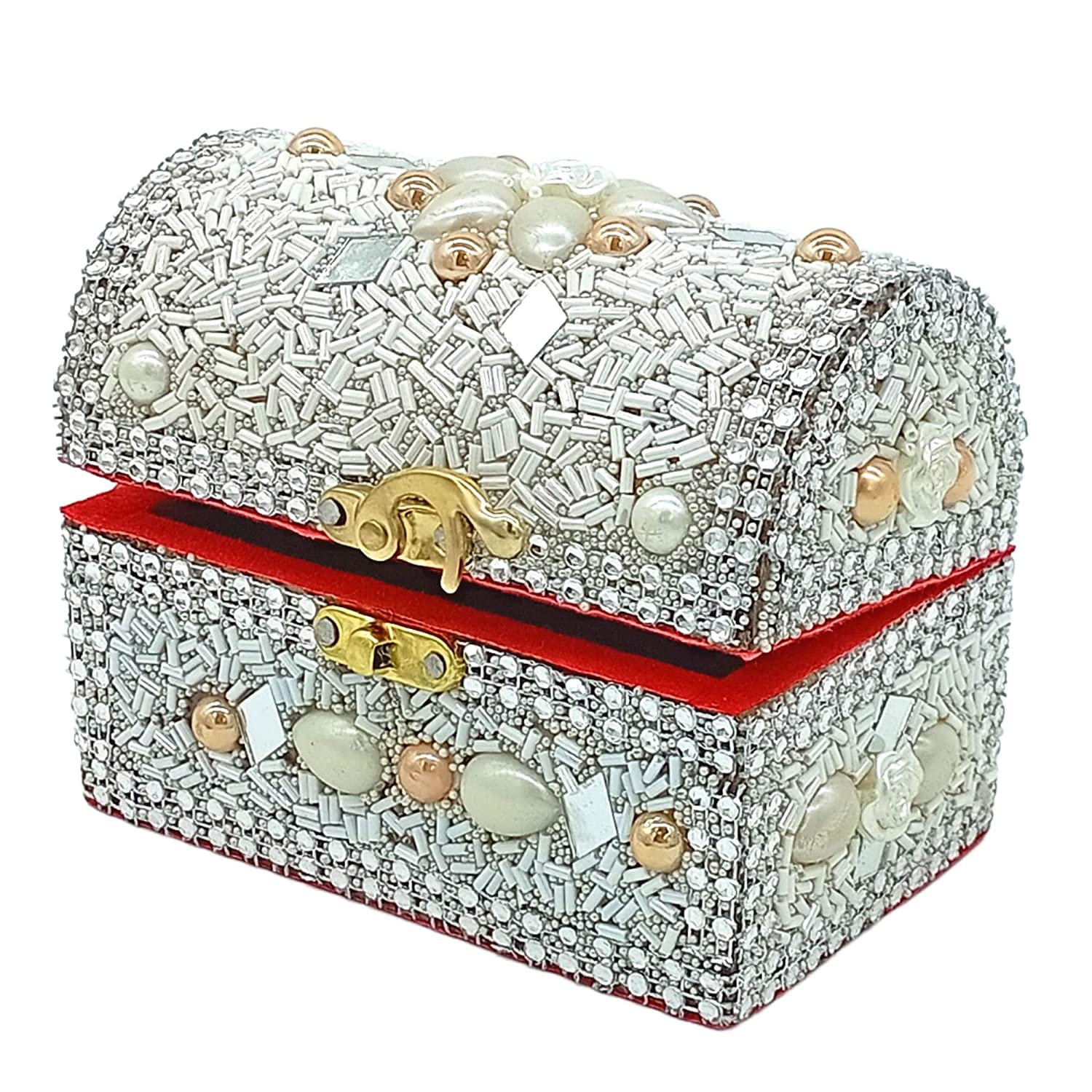 santarms Wooden Jewellery Box with Lock, White Vanity with Beads Work Craft, Handmade Shringar Box for Women, Wedding, Dulhan, Valentine Gift, Makeup Storage Box - Pack of 1