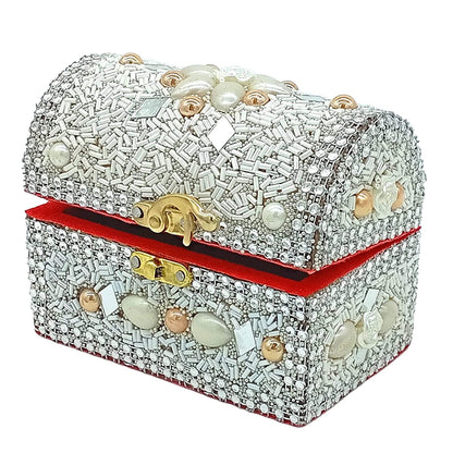 santarms Wooden Jewellery Box with Lock, White Vanity with Beads Work Craft, Handmade Shringar Box for Women, Wedding, Dulhan, Valentine Gift, Makeup Storage Box - Pack of 1